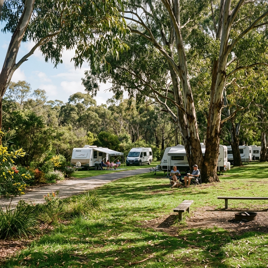 Beautiful native eucalyptus canopy providing shade at Griffith Tourist Caravan Park